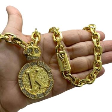 Imagem de Cordão 12Mm Cadeado + Pingente Letra - Banhado A Ouro 18K