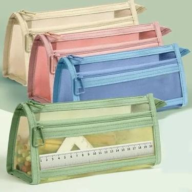 Imagem de 1 estojo de caneta de malha de camada dupla para estudantes - grande capacidade, bolsa de lápis transparente, ótimo organizador de mesa, azul