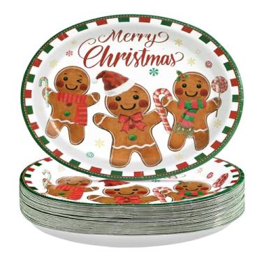 Imagem de Greencian 50 peças de pratos ovais de papel de gengibre de Natal 25,4 cm x 30,5 cm Merry Christmas Gingerbread Pratos de papel ovais resistentes descartáveis para decorações de festa de Natal