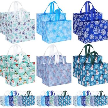 Imagem de Sanwuta 36 peças de sacos de presentes de Natal grandes sacos de petisco com alças boneco de neve Papai Noel floco de neve pinguim reutilizável não tecido bolso para presentes de Natal compras de
