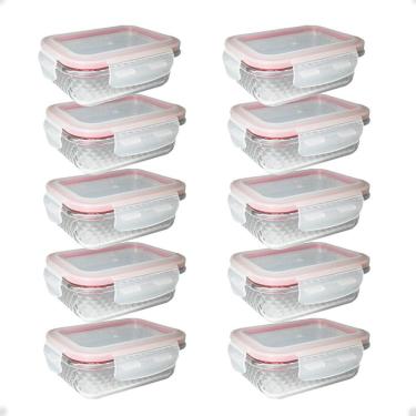 Imagem de 10 Potes Vidro Diamond Retangular 370Ml Vermelho Hermético