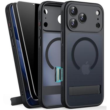Imagem de BXYJY Capa magnética para iPhone 17 Pro Max com suporte, 2 protetores de tela de privacidade, controle de câmera, compatível com MagSafe, proteção total de lentes, grau militar, capa translúcida para