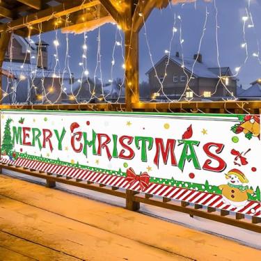 Imagem de Banner de Natal tamanho grande Papai Noel Feliz Natal ao ar livre casa jardim feriado banner decoração de parede, 200 * 45 cm (Tipo B)