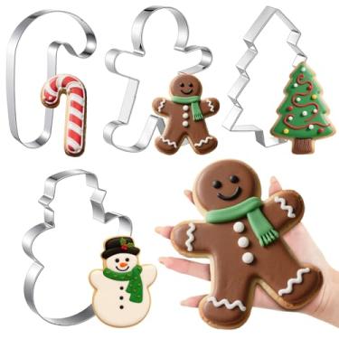 Imagem de Teenyyou 4 peças grandes cortadores de biscoito de Natal de aço inoxidável para doces criativos de Natal (homem de neve, árvore de Natal, homem de gengibre, bengala doce)