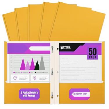Imagem de Pasta de 2 bolsos em papel amarelo escuro com pinos, pacote com 50, da Better Office Products, textura fosca, pastas de papel tamanho carta, pacote com 50, com 3 clipes de metal para prendedor de garras, amarelo escuro