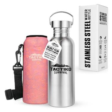 Imagem de Tactiko Survival Garrafa de água de boca larga de aço inoxidável, segura para ferver de parede única, à prova de vazamento, livre de BPA com manga de transporte e alça para acampamento, caminhada