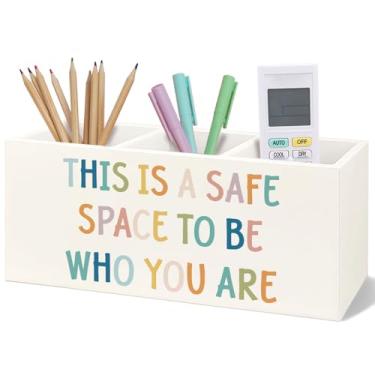 Imagem de Yhtrg Porta-lápis de madeira para mesa de presentes de saúde mental, este é um espaço seguro para ser quem você é, saúde mental, escova de dentes, organizador de escova de dentes, para consultores de