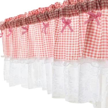 Imagem de LUMINFLY Saia de janela xadrez rosa com acabamento em renda, cortina com babados e laço, saia curta guingão para cozinha, banheiro ou café