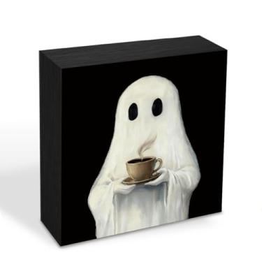 Imagem de Placa decorativa de café, placa decorativa de fantasma engraçado, placa de fazenda para cozinha, bar, decoração de escritório, decoração de café rústico, placas quadradas de madeira maciça para