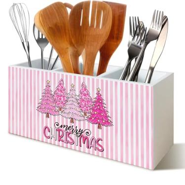 Imagem de YTRGI Organizador de utensílios de cozinha rosa para árvore de Natal para mesa, decoração de Natal rosa, placa de bloco de caixa de madeira para meninas universitárias, decoração de mesa de dormitório