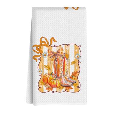 Imagem de XLRSDF Botas de vaqueira ocidental de abóbora de outono decoração de laço, toalha de chá reutilizável, panos de prato, adequado para banheiro, casa, cozinha, pia, decoração de atmosfera de outono, 35