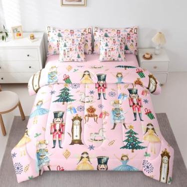 Imagem de Jogo de cama king rosa de Natal com 7 peças, quebra-nozes, carrossel, soldado em uma bolsa com lençol de cima e lençol com elástico, para meninos e meninas, adolescentes e adultos