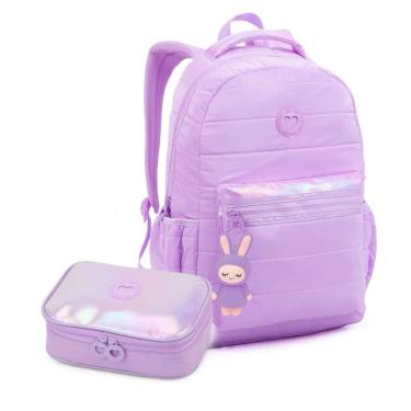 Imagem de Kit Material Escolar Mochila Estojo Holográfico Chaveiro Coelhinho Lilás Fofo Kawaii Organização