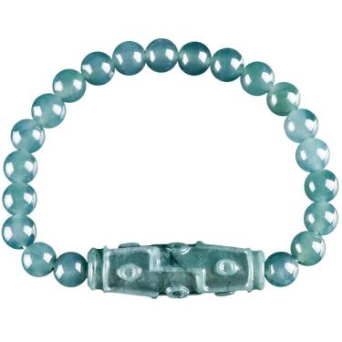 Imagem de Pulseira de jadeíte azul de grau A com pérola Dzi esculpida de nove olhos