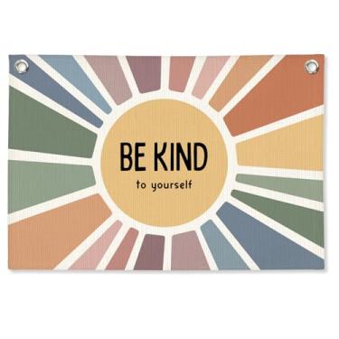 Imagem de STHTTSW Decoração de sala de aula boho, faixa de tela de escritório Be Kind To Yourself, arte de parede de afirmação positiva de saúde mental para canto calmante, decoração para conselheiro escolar
