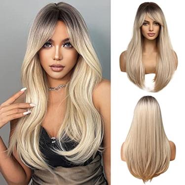 Imagem de Esmee Peruca Loira Longa Reta com Franja Separação Lateral Perucas de Cabelo Sintético Natural Ombre para Mulheres com Raízes Escuras para Festa Diária Usar Cosplay
