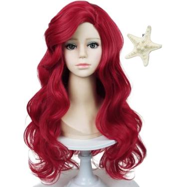Imagem de Peruca de sereia para crianças, meninas, 53 cm, encaracolado, vermelho escuro, peruca ondulada com estrela do mar, para crianças, fantasias de festa de Halloween