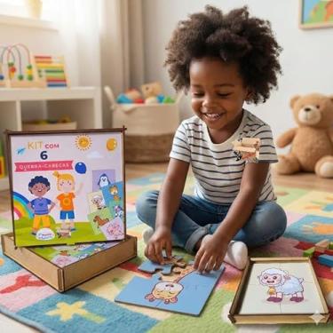 Imagem de Brinquedo Pedagógico Em Madeira Estojo Kit 6 Quebra Cabeças Infantil Com 4 Peças Cada (Estojo Fazendinha)