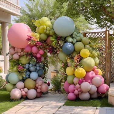 Imagem de Balão colorido arco duplo de látex azul amarelo verde rosa balão guirlanda de flores silvestres para primavera flor aniversário chá de bebê Páscoa jardim doces decoração festa