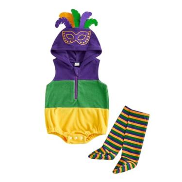 Imagem de Nibbcoa My First Mardi Gras Baby Boy Girl Outfit Coroa/Máscara com capuz e zíper sem mangas, macaquinho regata com meias (roxo, 6 a 12 meses)