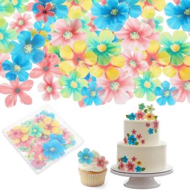 Imagem de DOPENSPI 70 peças de decorações de bolo de flores comestíveis, papel wafer, topos de bolo de flores comestíveis, flores de tamanho misto para bolos para festa de aniversário de casamento, suprimentos