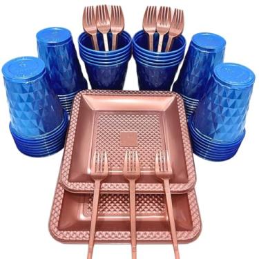 Imagem de Kit 260 Itens Descartaveis Festa Aniversário Prato Quadrado Diamante Plástico Colorido Perolado Candy Pastel (Azul Rose Perolado)