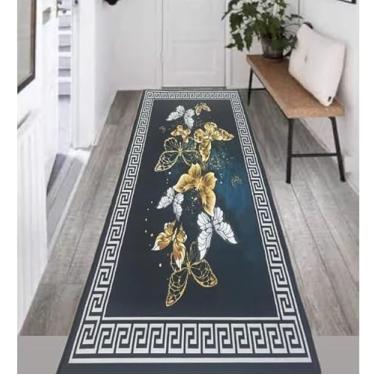 Imagem de Tapete Indiano Super Luxo, PICR-13 Passadeira para Quarto com Borboletas Douradas, Fundo Azul, Design Grego, 200x60 cm