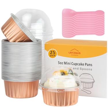 Imagem de Copos de cupcake de folha de 142 g com tampas, pacote com 25, mini formas de assar, formas de muffin, mini recipientes de bolo, ramequins descartáveis, forros de cupcake para creme brulee - champanhe