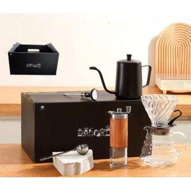 Imagem de Kit Cafeteira Manual 7 Peças – Jarra em Vidro 600ml, Bule Inox, Passador de Café, Moedor Manual, Termômetro, Colher Dosadora