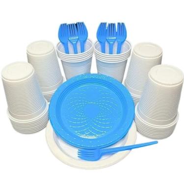 Imagem de Kit 300 Itens Festa Aniversário Descartáveis Plástico Colorido Perolado 100 Pessoas Completo Pratinho Garfinhos Copos (Branco Azul Bebe)