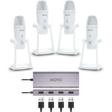Imagem de Movo Pacote de equipamentos de podcast USB para 4 – Interface USB com 4 microfones condensadores UM700 – Hub alimentado por 4 portas para streaming, podcasts, entrevistas (branco)