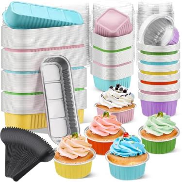 Imagem de Blushtier 240 peças de mini formas de pão com tampas e colheres descartáveis, 6,8, 5, 120 ml, 120 ml, folhas de alumínio redondas retangulares de 120 ml, forros de sobremesa, formas de sobremesa