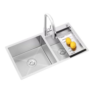 Imagem de Pia de cozinha tigela dupla pia de aço inoxidável pia de fazenda montagem superior pia de cozinha artesanal pia utilitária lavanderia (82 x 45 cm/32,2 x 17,7 cm)