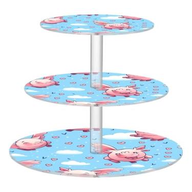 Imagem de Blueangle Suporte redondo de cupcake de 3 camadas – Torre de sobremesa de acrílico com estampa de porco voador, suporte de sobremesa antiderrapante em camadas para chá de bebê, aniversário, festa de