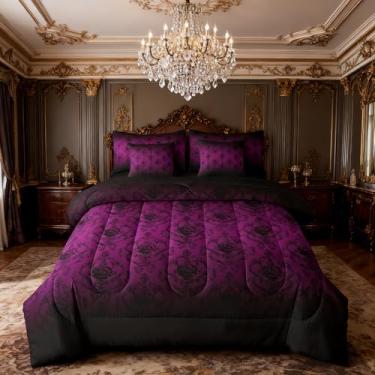 Imagem de Erosebridal Conjunto de edredom damasco roxo preto com lençóis - Jogo de cama vitoriano gradiente Queen para adultos gótico boêmio 7 peças cama em uma bolsa vintage conjunto de cama damasco