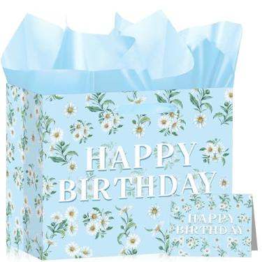 Imagem de Innovoscape Bolsa de presente de margarida azul para presente de feliz aniversário para mulheres Gils Bolsa de embrulho de margarida de Natal com cartão de papel de seda