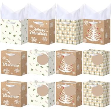 Imagem de AmazingSpark 24 sacos de papel kraft para presente de Natal com alças etiquetas de papel de seda sacos de Natal médios com alça de fita para embrulho de presente, 12 x 10 x 6 cm (árvore de Natal