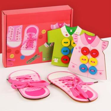 Imagem de Generic Roupas de Madeira Sapatos Laço Brinquedos Kit Habilidades Básicas Brinquedo para Crianças Coordenação Olho Mão, Laço de Madeira Jogo para o Jardim de Infância (Garota)