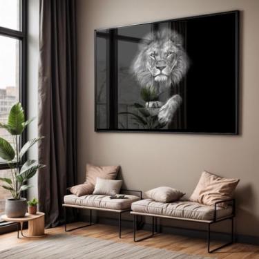 Imagem de Quadro Decorativo Leão Preto e Branco com Moldura Caixa Acrílico Cristal para Sala e Quarto (130x90, Marrom)