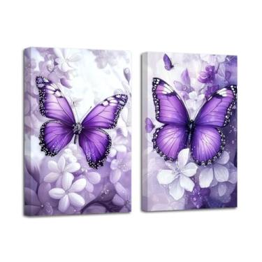 Imagem de LZIMU Conjunto de arte de parede de borboleta com 2 imagens de borboletas, decoração de parede, impressões florais rústicas em tela para quarto de meninas, decoração de berçário, emoldurado (roxo, 28