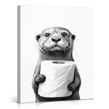 Imagem de Impressão de arte de parede de papel higiênico de lontra engraçada preto e branco animal pôster imagem moderna decoração de parede para banheiro banheiro 20 x 25 tela emoldurada