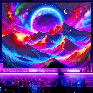 Imagem de BlissYard Tapeçaria Neon Mountain Galaxy Luz Negra Cena Espacial Psicodélica UV Reativa Pendurar na Parede para Sala de Estar Quarto Dormitório Bar Decoração de Festa 198 x 159 cm