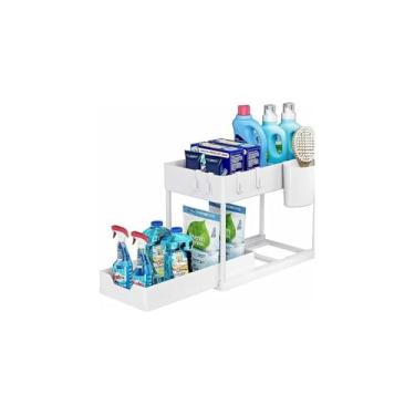 Imagem de Organizador Multiuso 2 Níveis com Bandeja Corrediça, Branco, Metal com Pintura Eletrostática, 40x35x22 cm, para Banheiro e Cozinha