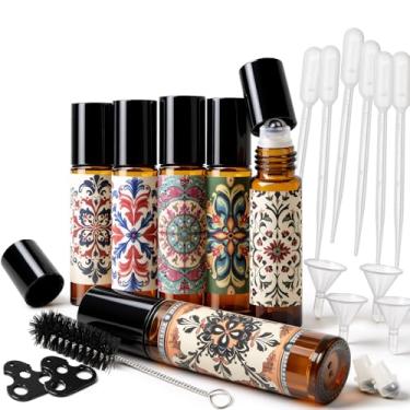 Imagem de RICESTKCN Frascos de rolo para óleos essenciais, aplicador de esferas rollerball de 10 ml, vidro grosso, vazio com óleo, perfume, brilho labial, kits faça você mesmo, adesivos boho à prova de