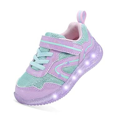 Imagem de YESKIS Tênis de caminhada infantil para meninos e meninas com luzes de LED, malha respirável, Sapatos com luzes roxas, 12 Little Kid