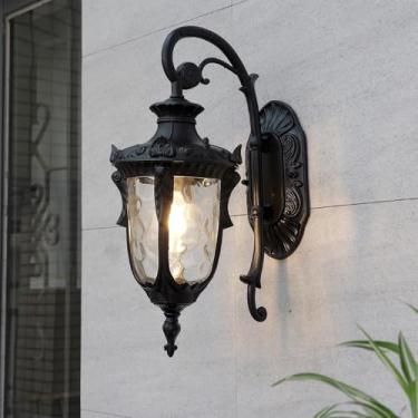 Imagem de Luminária de parede externa, estilo lanterna, em alumínio e vidro, à prova d'água, preta, estilo retrô, para jardim, decoração rústica, soquete E27, ideal para porta de casa, garagem, varand