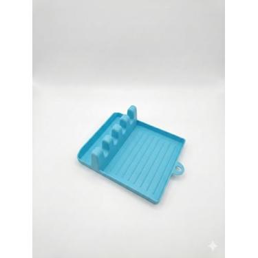 Imagem de Descanso para Talheres e Tampa de Panela com Bandeja Coletora, Plástico Resistente, 14,5x13x5 cm, Capacidade para 4 Utensílios, Design Moderno (Azul)