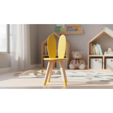 Imagem de Cadeira Infantil Coelho com Pés de Madeira Pinus e Tampo MDF, Azul, 61.5cm Altura, Suporta 20kg (Amarelo)