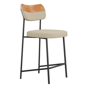 Imagem de Banqueta Média para Cozinha Lila Estofada Aço Carbono Couríssimo Linho Whisky Bege Desk Design