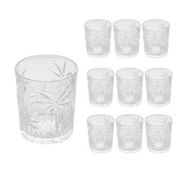 Imagem de Jogo 10 Copos De Cristal Baixo Whisky água Palm Tree Coqueiro Transparente 340ml Wolff